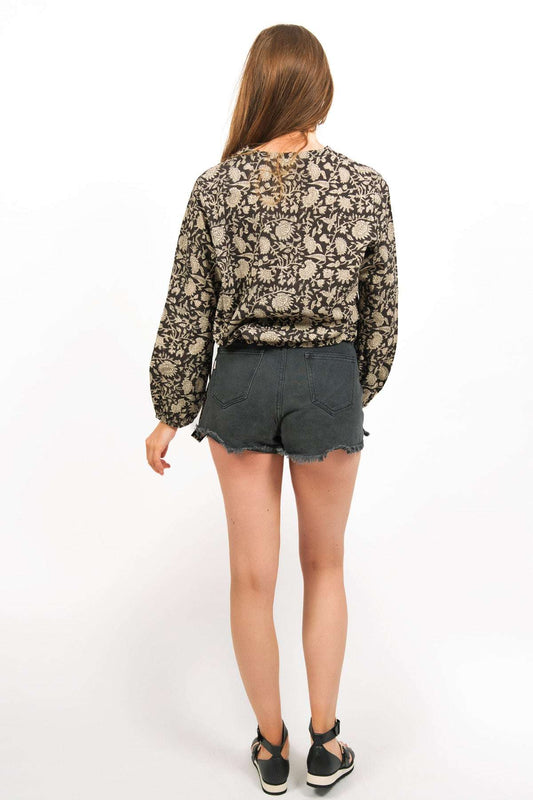 Sable Cotton Floral Hand Block Print Top with Waist tie