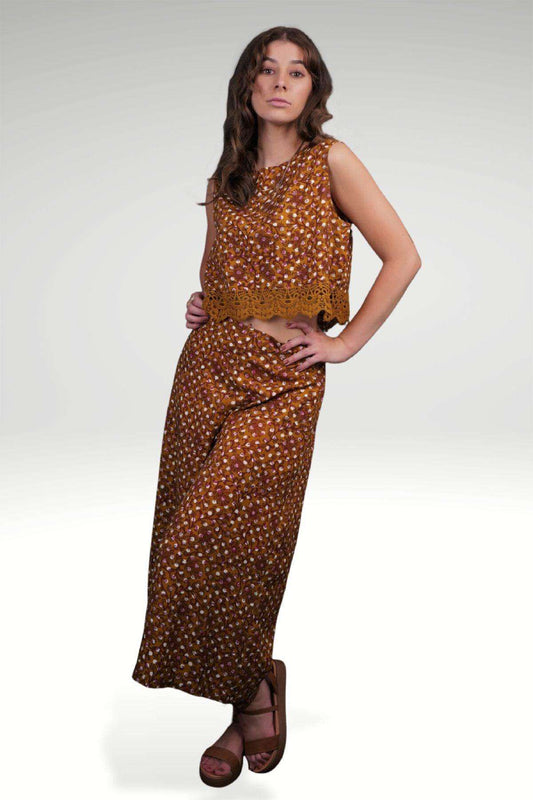 Shaima Mustard Polka Dot Block Print Viscose Boho Wide Leg Pants