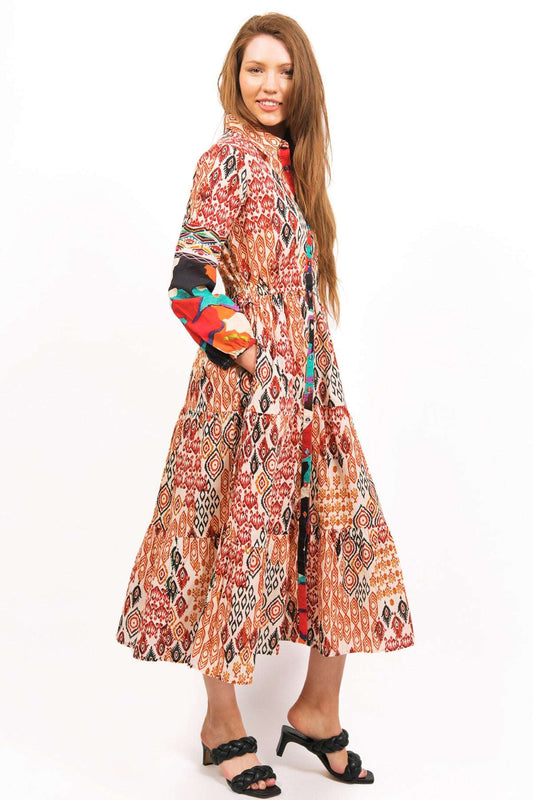 Tozi Printed Maxi Tiered Shirt Dress