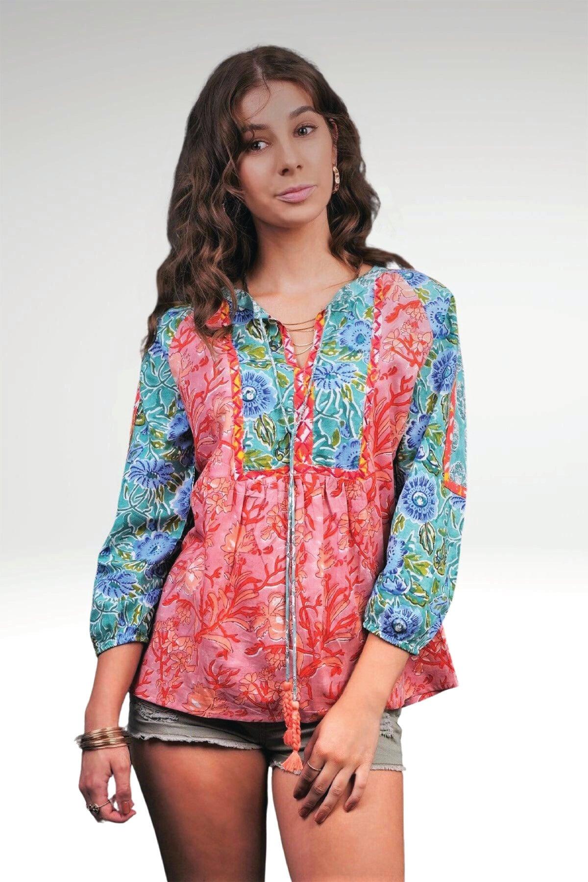 ALEENA FLORAL PATCHWORK TOP IN SEA PINK COLOURWAY WORN WITH DENIM SHORTS- Zoha online