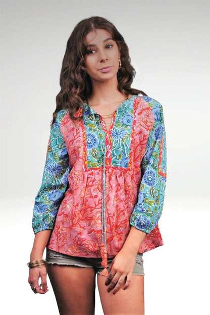 ALEENA FLORAL PATCHWORK TOP IN SEA PINK COLOURWAY WORN WITH DENIM SHORTS- Zoha online