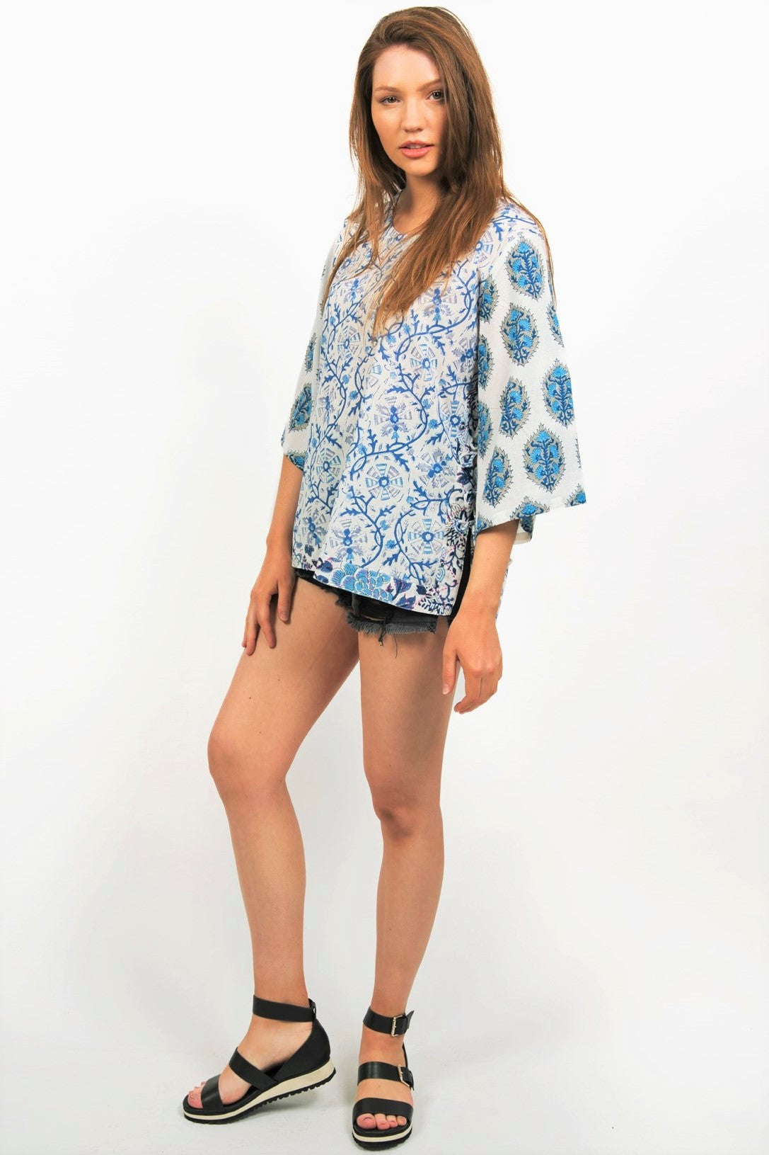 ANNISA PRINTED TOP -WHITE/ BLUE COLORWAY- JAIPUR PRINTS - zohaonline