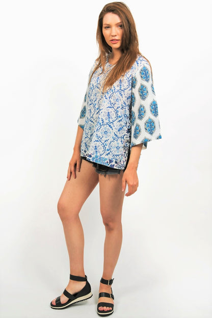 ANNISA PRINTED TOP -WHITE/ BLUE COLORWAY- JAIPUR PRINTS - zohaonline
