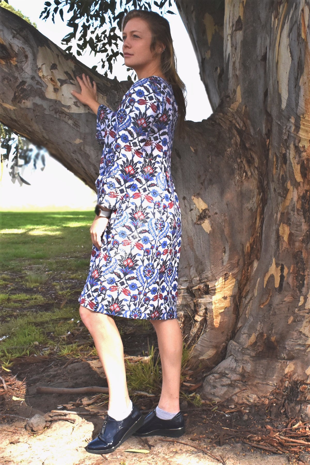 LUNA LUREX PRINTED FLORAL DRESS -BRIGHTER VERSION WITH BLUE SHOES  zohaonline
