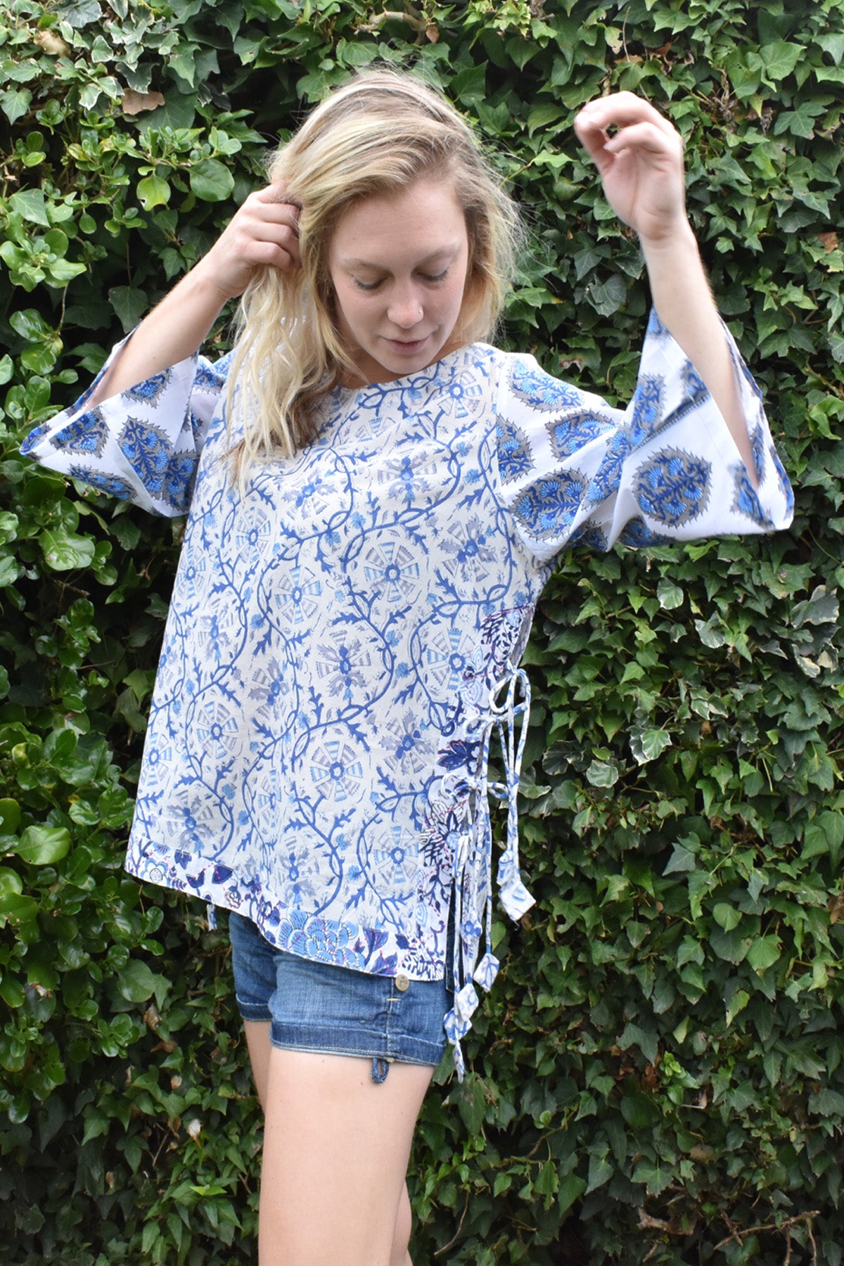 ANNISA PRINTED TOP IN NATURAL SETTING ON A MODEL- zohaonline