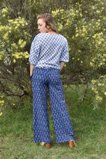BACK VIEW OF ASTRID EMBROIDERED PRINTED TOP WITH IKAT PANTS- zohaonline