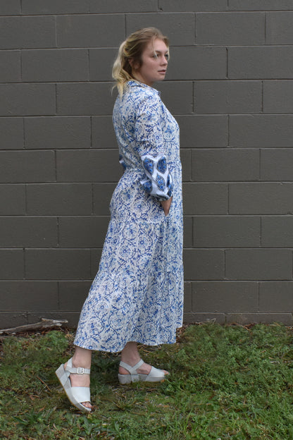IRIS PRINTED TIERED MIDI DRESS - CASUAL SIDE VIEW- zohaonline