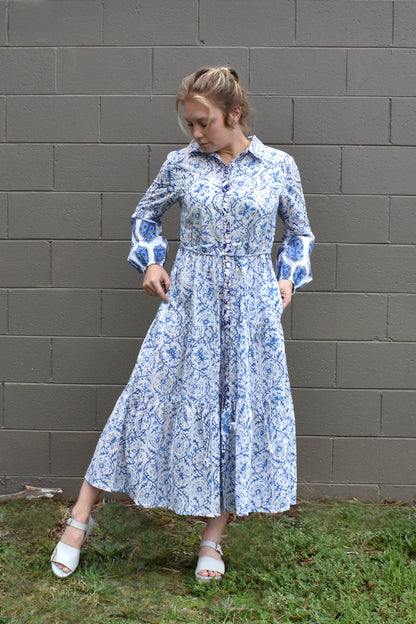 IRIS PRINTED TIERED MAXI DRESS CASUALLY WORN WITH GREY SANDALS- zohaonline