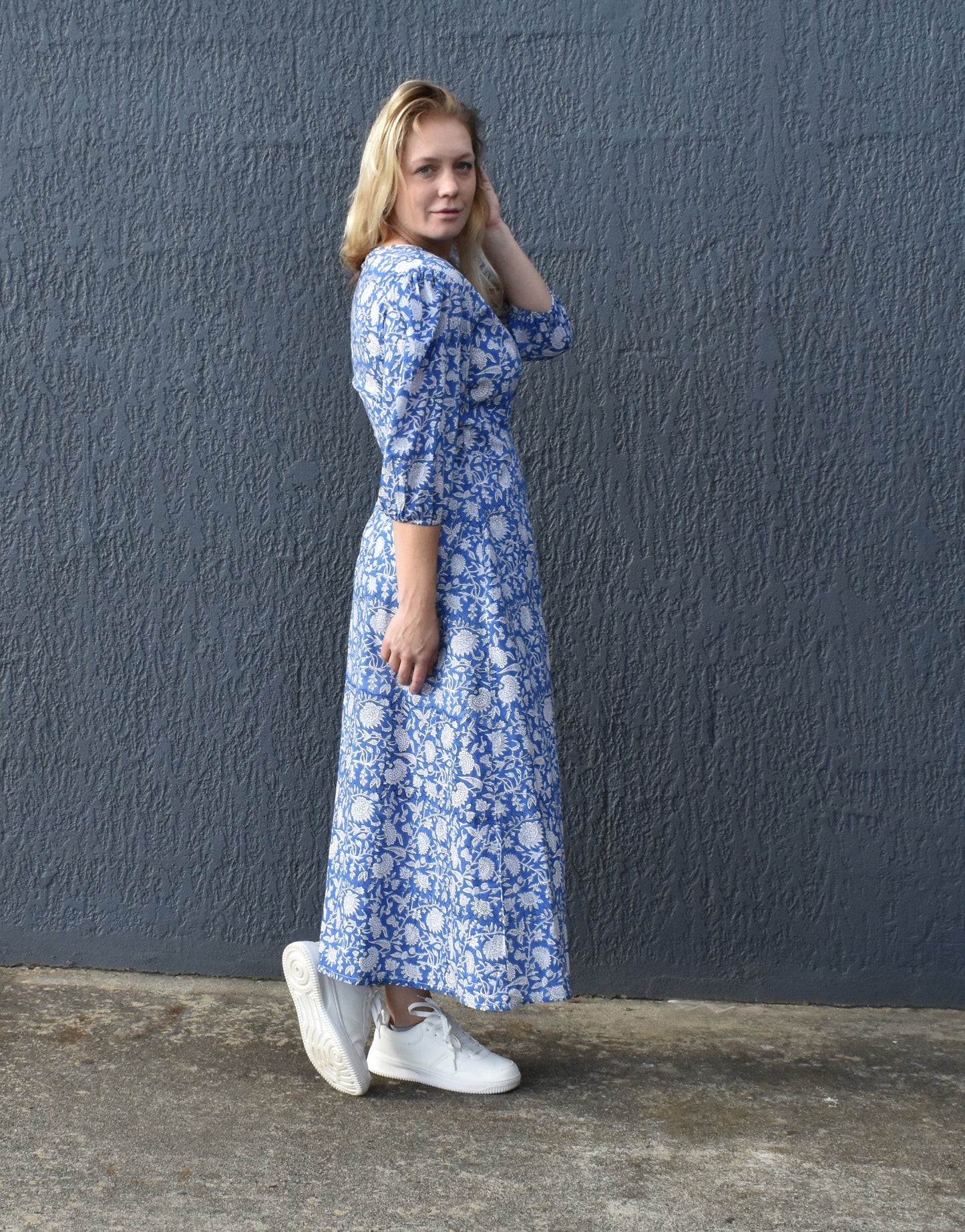 ZEPHYR PRINTED WRAP MAXI DRESS IN CERULEAN BLUE- zohaonline