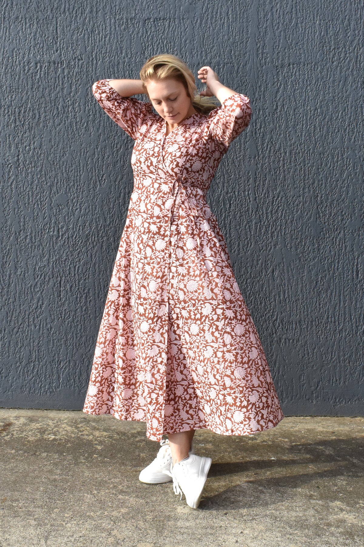 ETHICALLY MADE ZEPHYR BLOCK  PRINTED WRAP MAXI DRESS IN AMBER BROWN SHADE- zohaonline