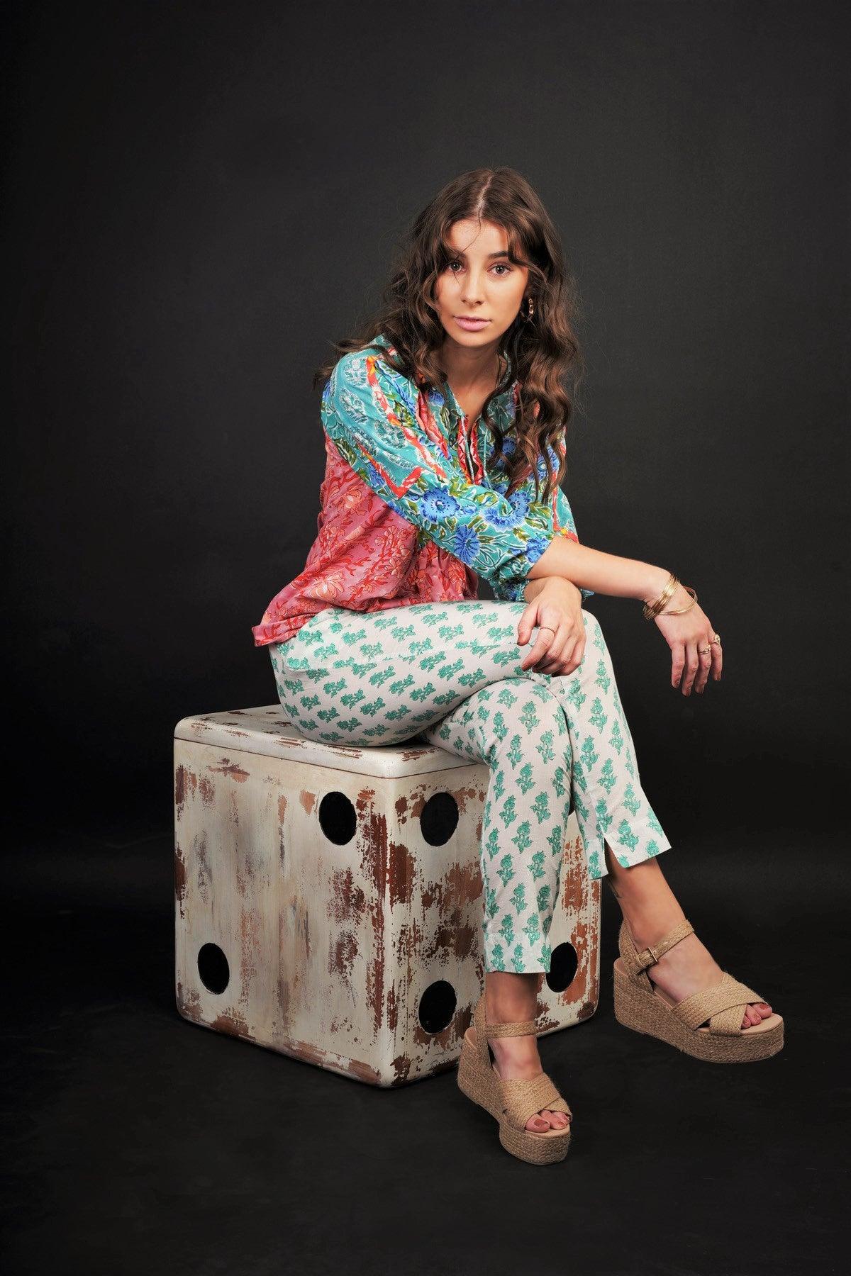 ALEENA FLORAL PATCHWORK TOP - sea/pink- block print patch top paired with block print pants.