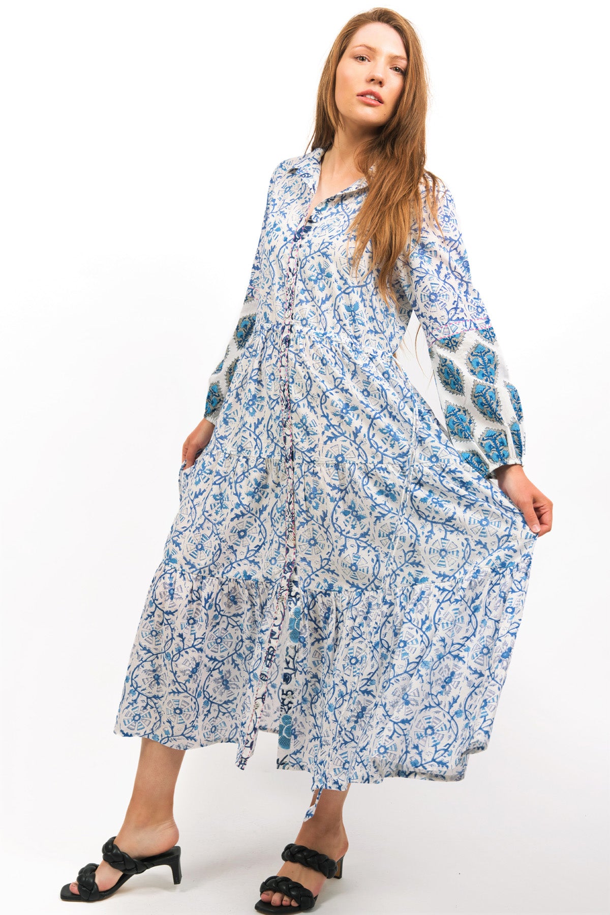 IRIS PRINTED TIERED MIDI DRESS - FRONT VIEW ON MODEL- zohaonline