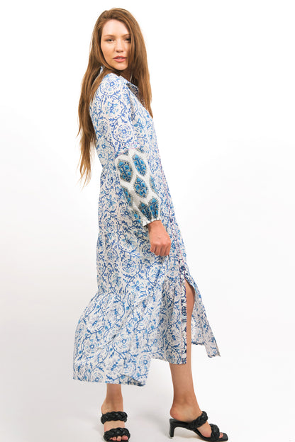 IRIS PRINTED TIERED MIDI DRESS- SIDE VIEW ON MODEL - zohaonline