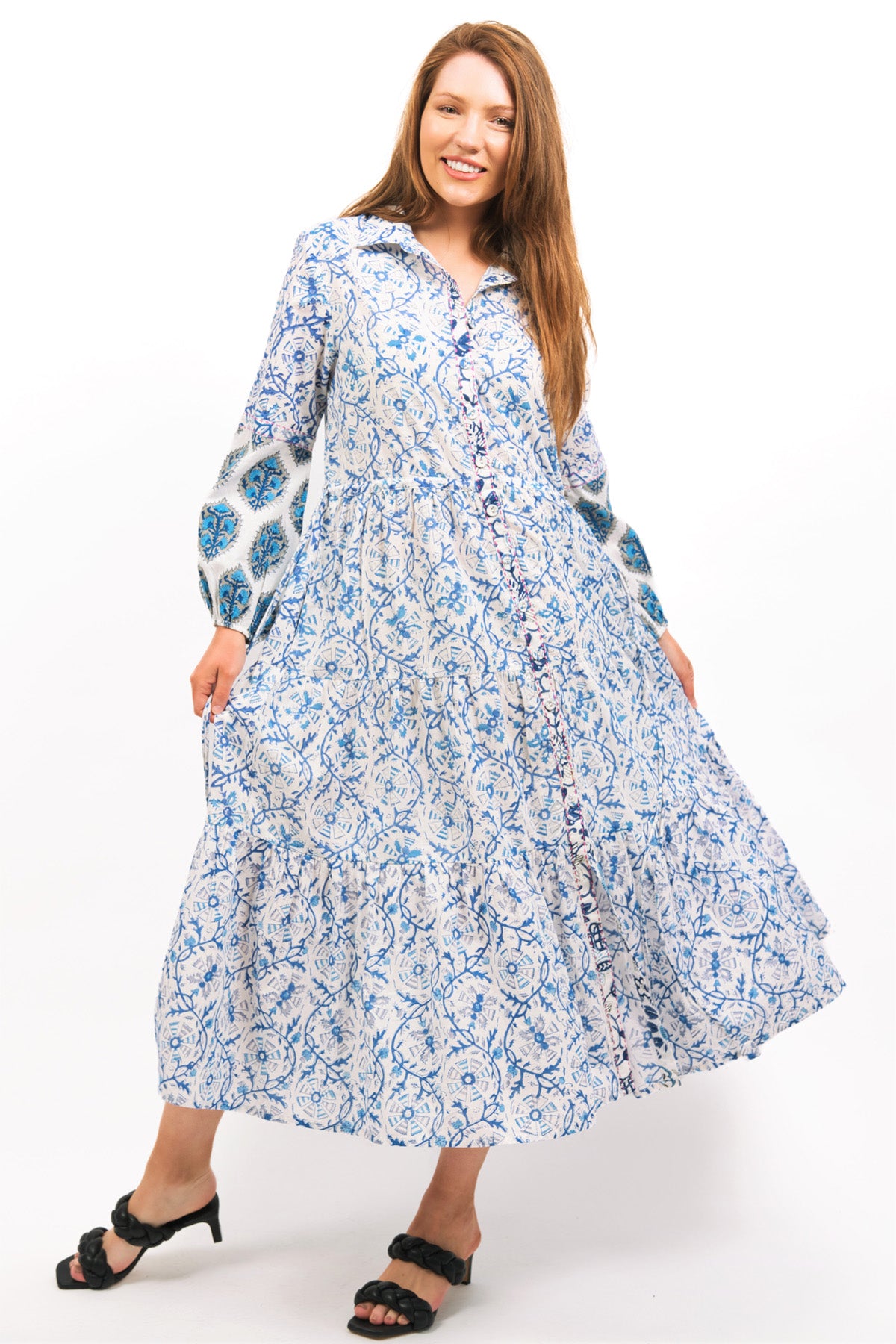 IRIS PRINTED TIERED MAXI DRESS WORN WITH BLACK HEEL SLIDES - zohaonline