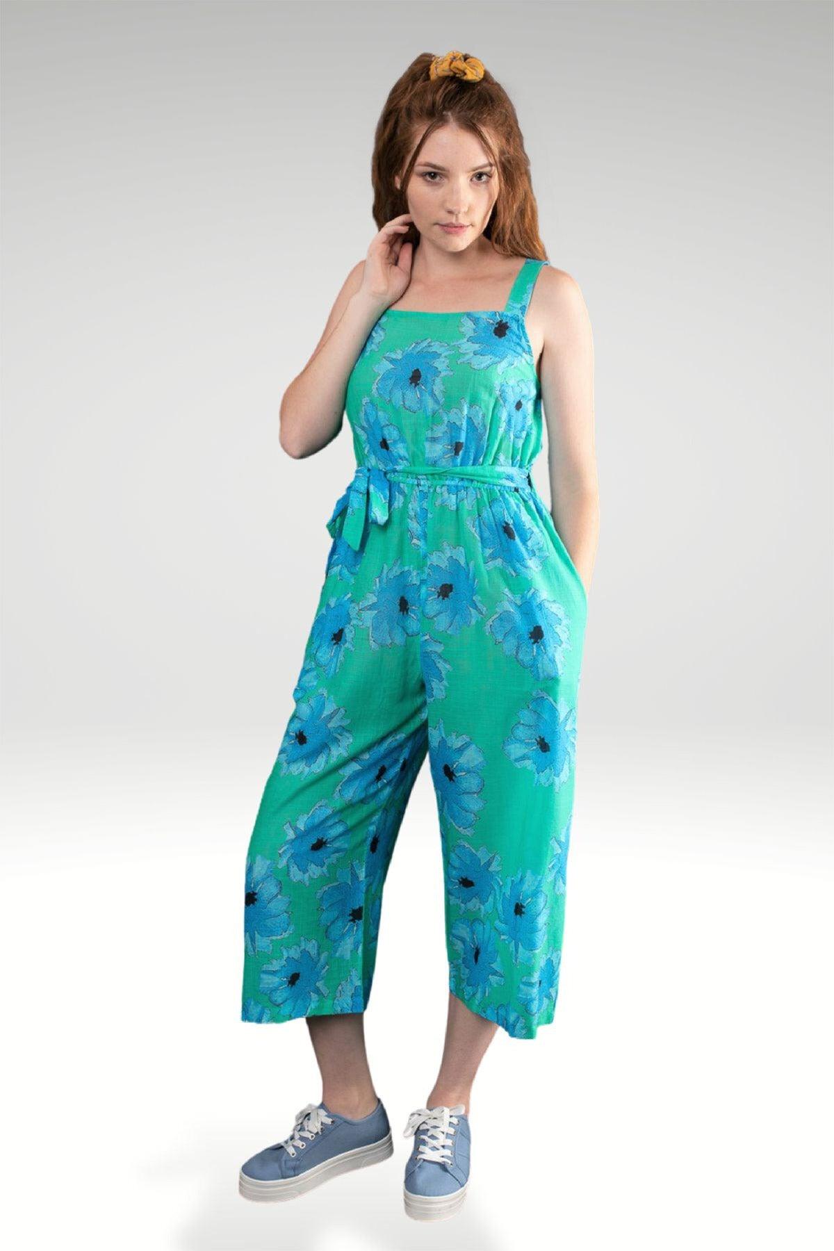 MODEL WEARING MINT BLUE VERSION OF LARA FLORAL JUMPSUIT - zohaonline