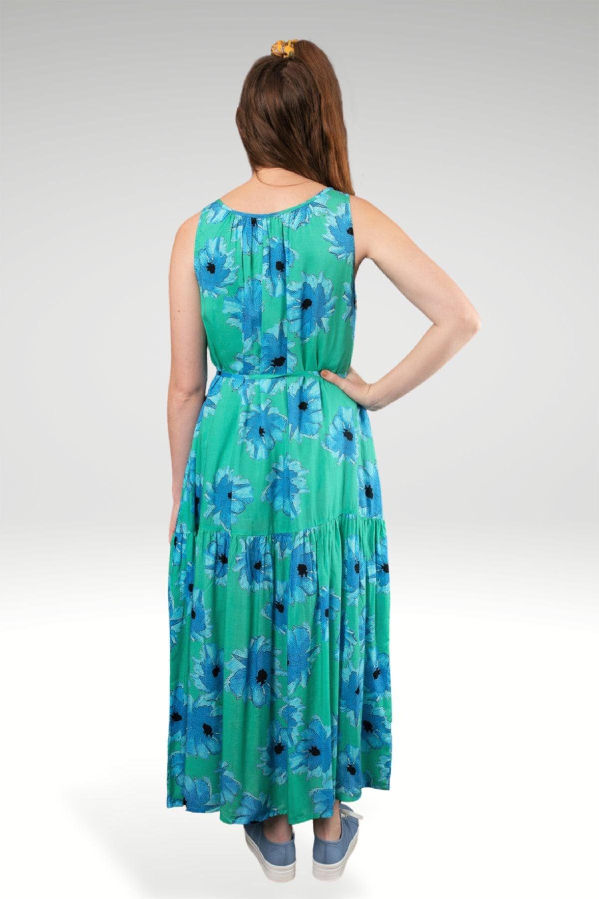 MINT COLOR LARA FLORAL TIER MAXI DRESS -BACK VIEW ON MODEL - zoha
