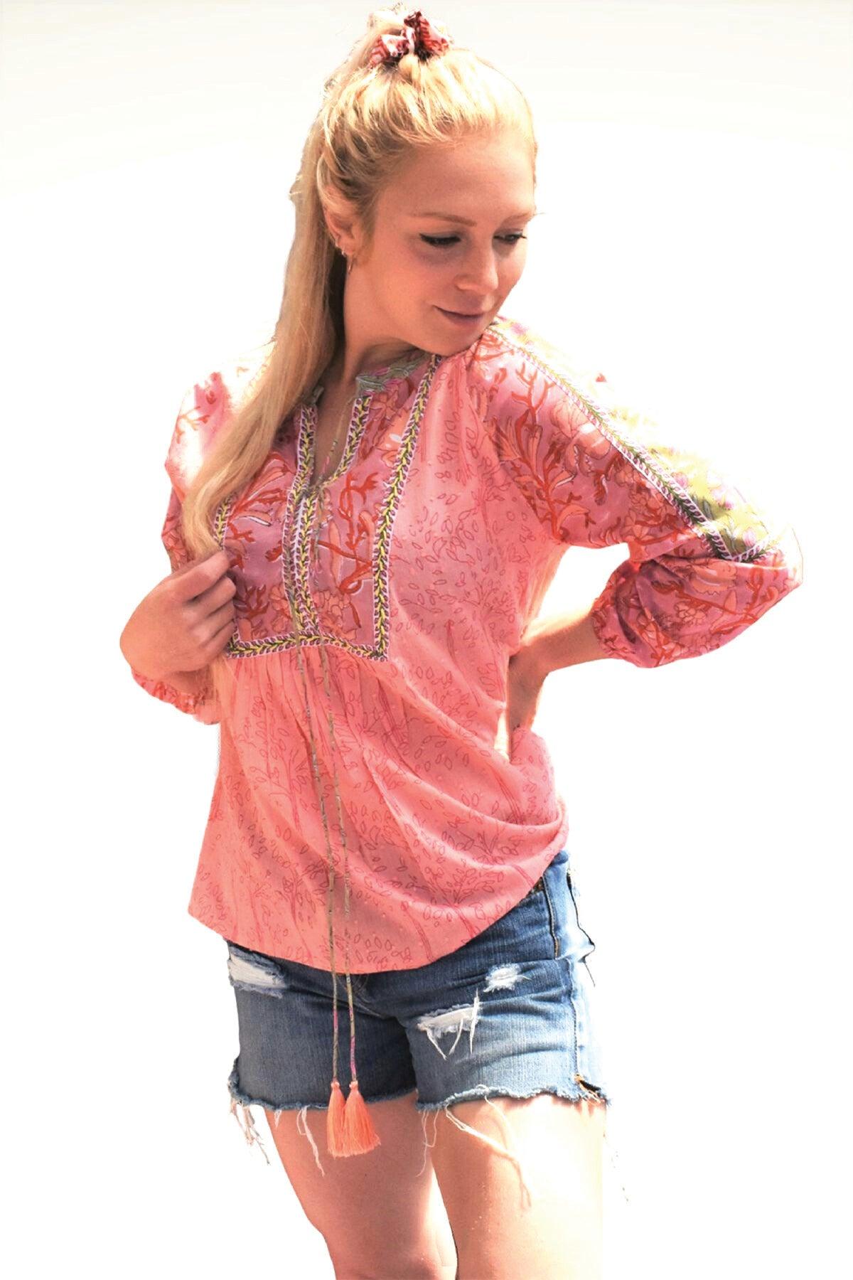 ALEENA FLORAL PATCHWORK TOP - zohaonline- PEACH COLOURWAY WORN WITH SHORTS