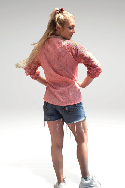 ALEENA FLORAL PATCHWORK TOP - zohaonline- PEACH- BACK VIEW ON MODEL