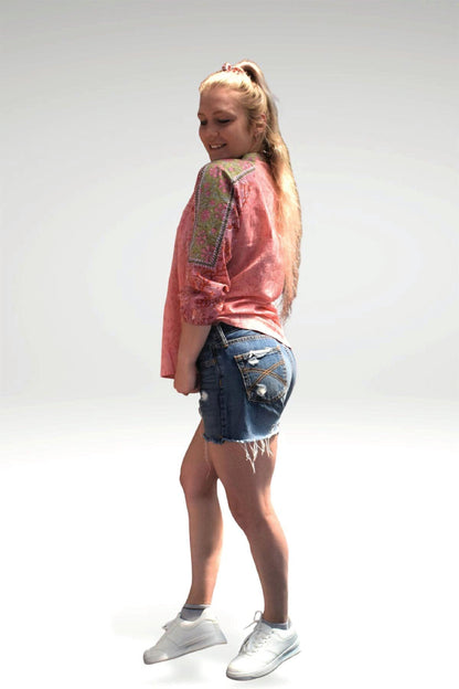 ALEENA FLORAL PATCHWORK TOP - zohaonline- PEACH COLORWAY SIDE VIEW ON THE MODEL