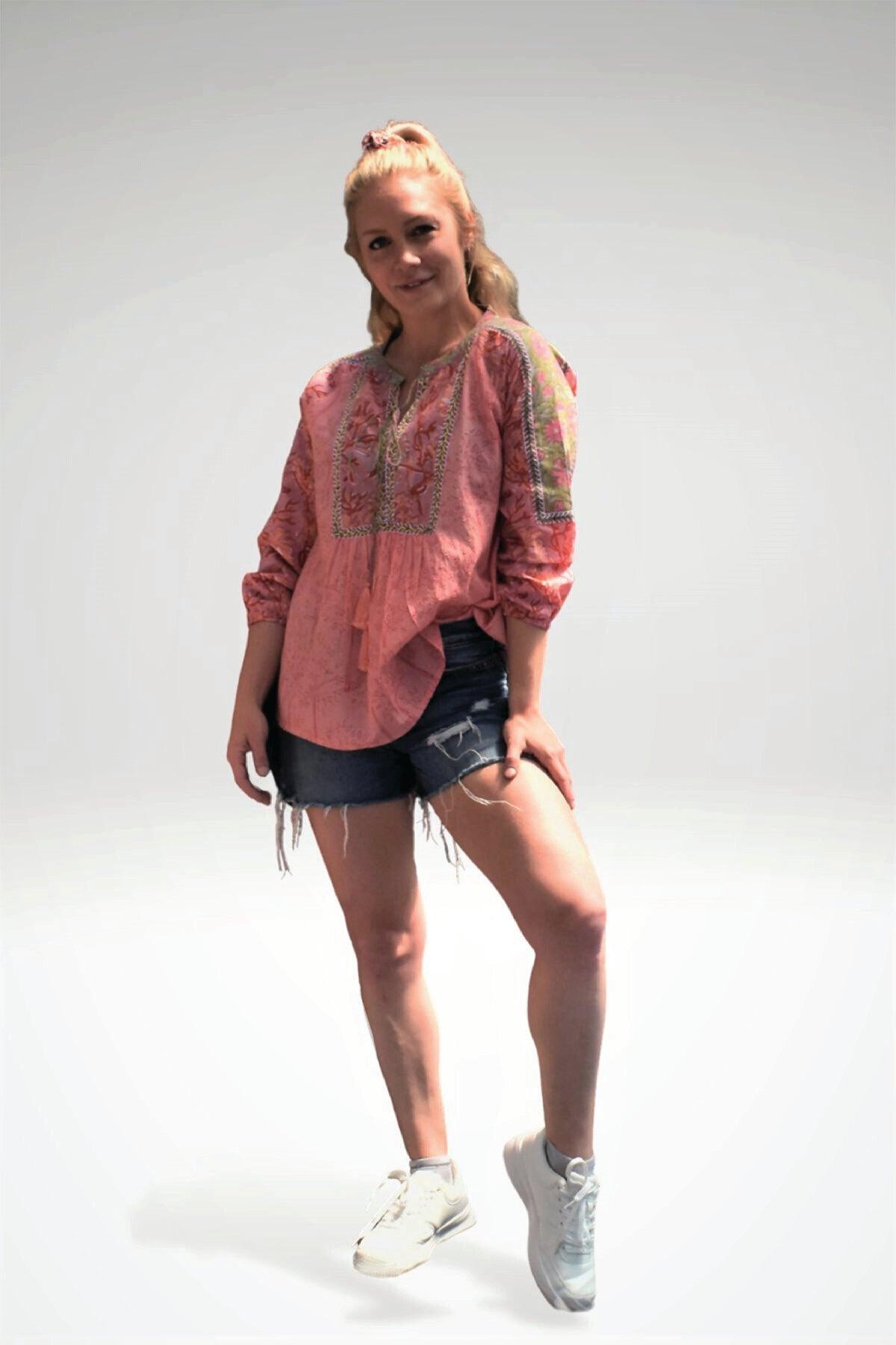 ALEENA FLORAL PATCHWORK TOP - zohaonline- FRONT VIEW ON MODEL- PEACH