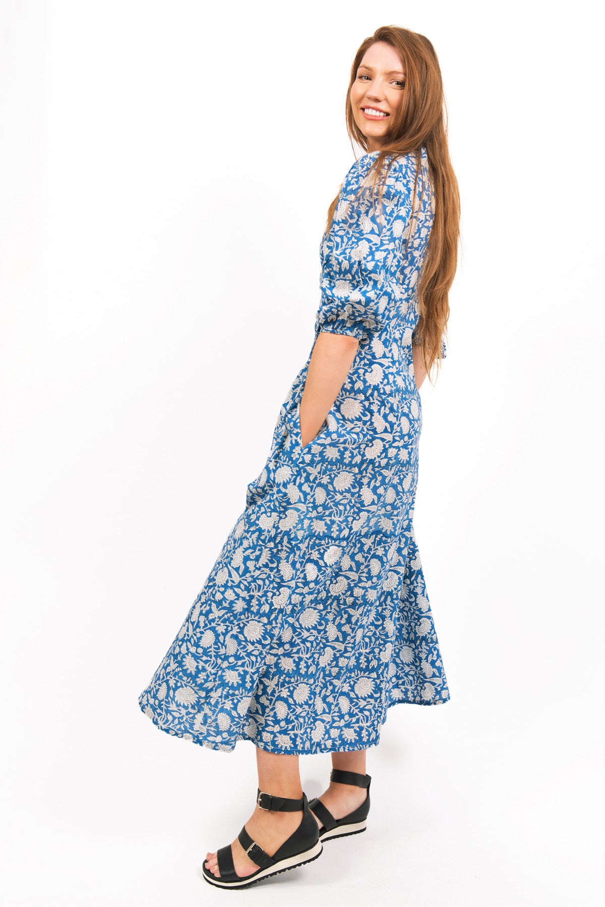 ZEPHYR PRINTED WRAP MAXI DRESS - BLUE BLOCKPRINT- SIDE VIEW ON MODEL- zohaonline
