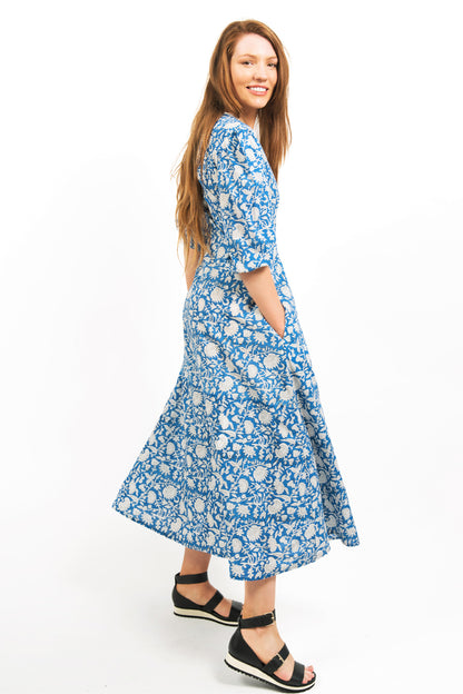 ZEPHYR BLOCK PRINT WRAP MAXI DRESS -COBALT FLORAL DRESS- zohaonline