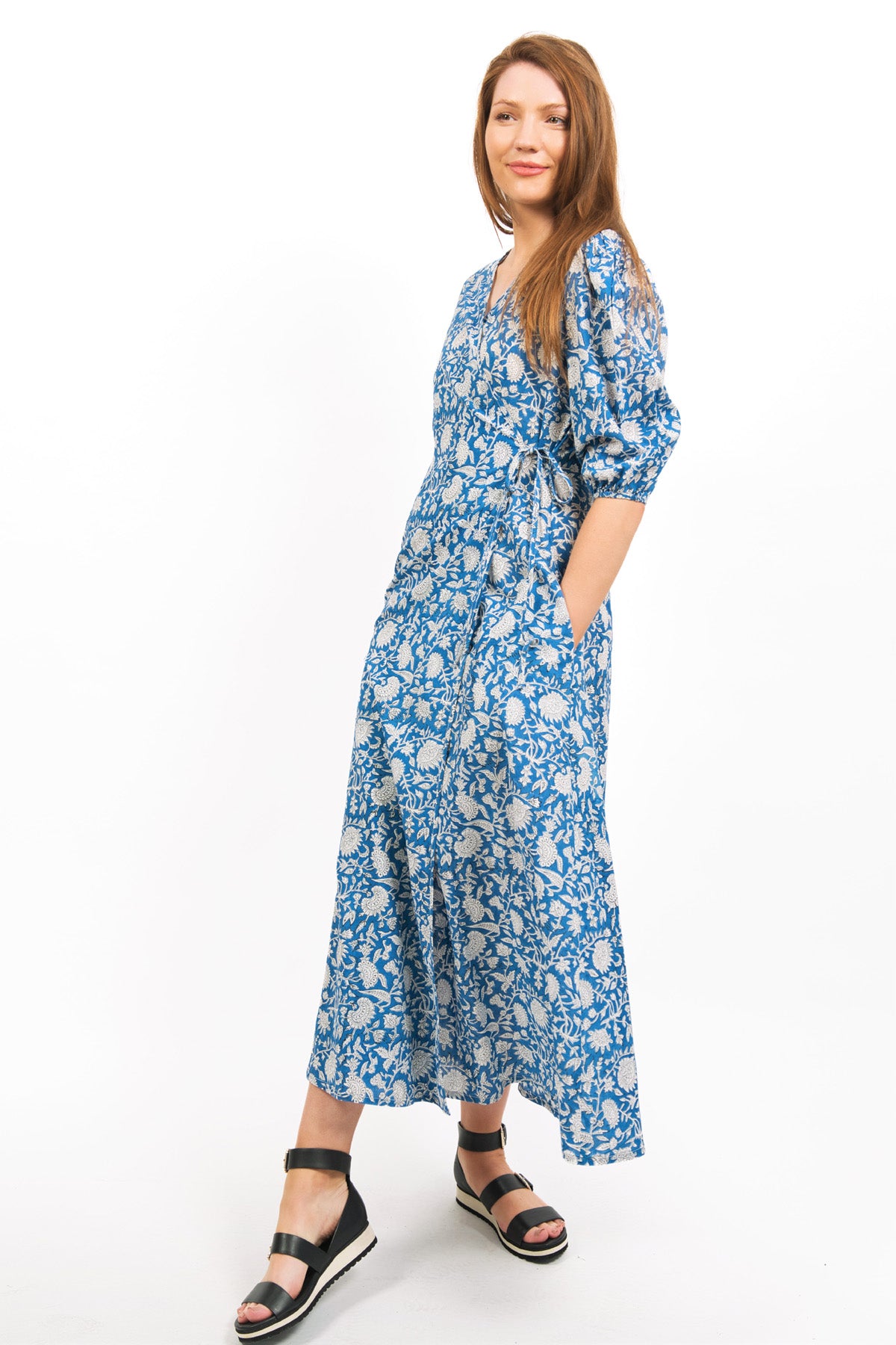 ZEPHYR PRINTED WRAP MAXI DRESS - BLOCK PRINT- COBALT DRESS- zohaonline