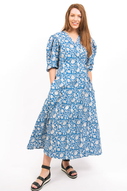 ZEPHYR PRINTED WRAP MAXI DRESS - COBALT COLOR BLOCK PRINT- FRONT VIEW- zohaonline