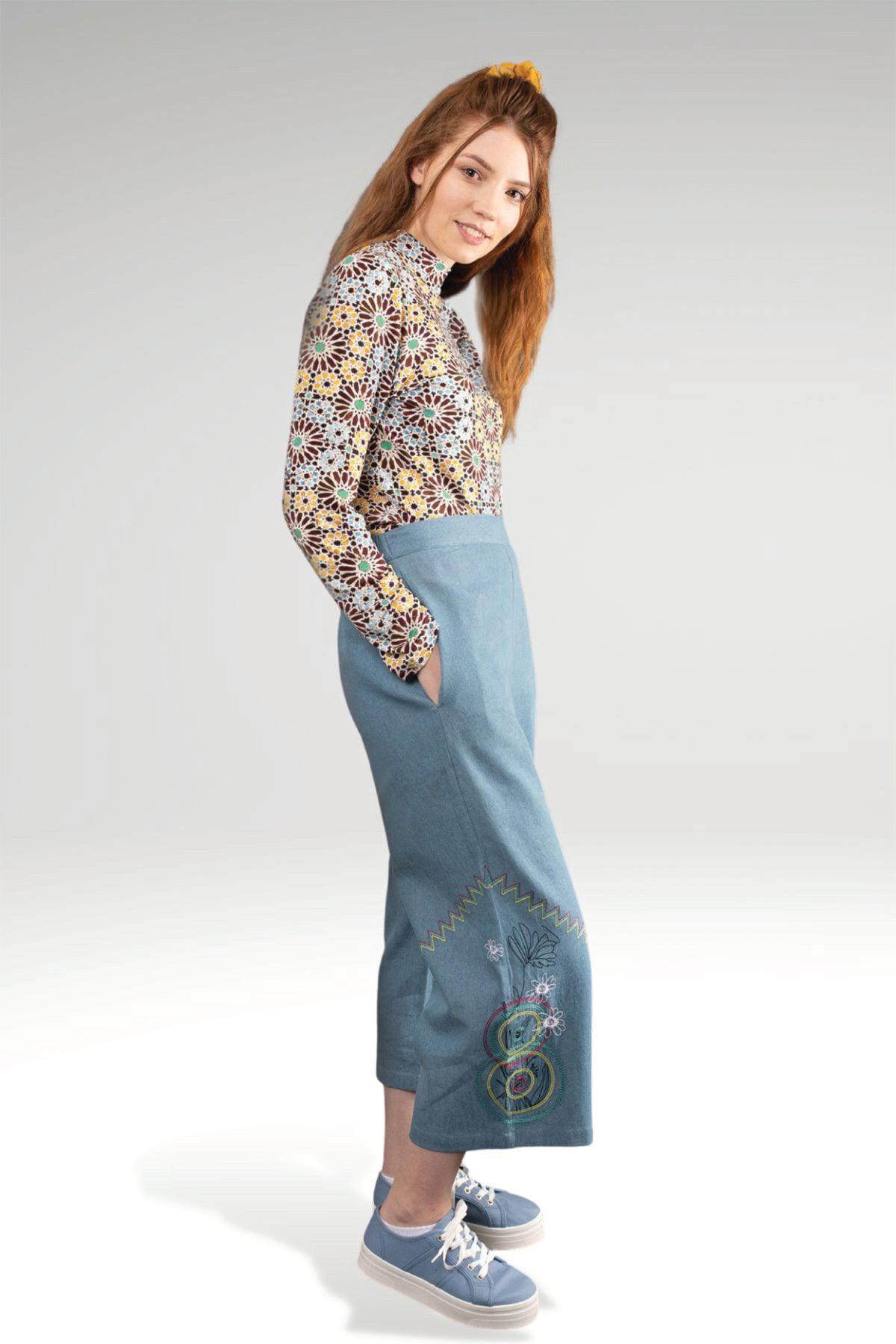 DERORA EMBROIDERED DENIM HIGH WAIST PANTS - zohaonline