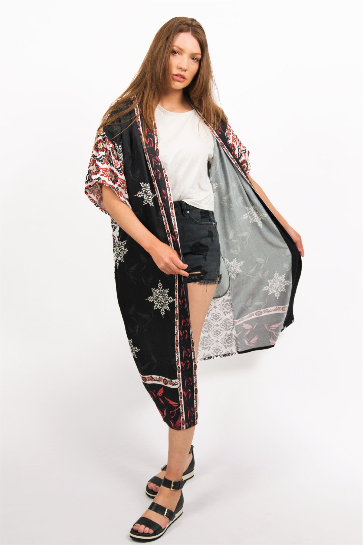 MODEL SWISHING IN JUANA PRINTED MODAL KIMONO IN BRUSHED MODAL SATIN - zohaonline