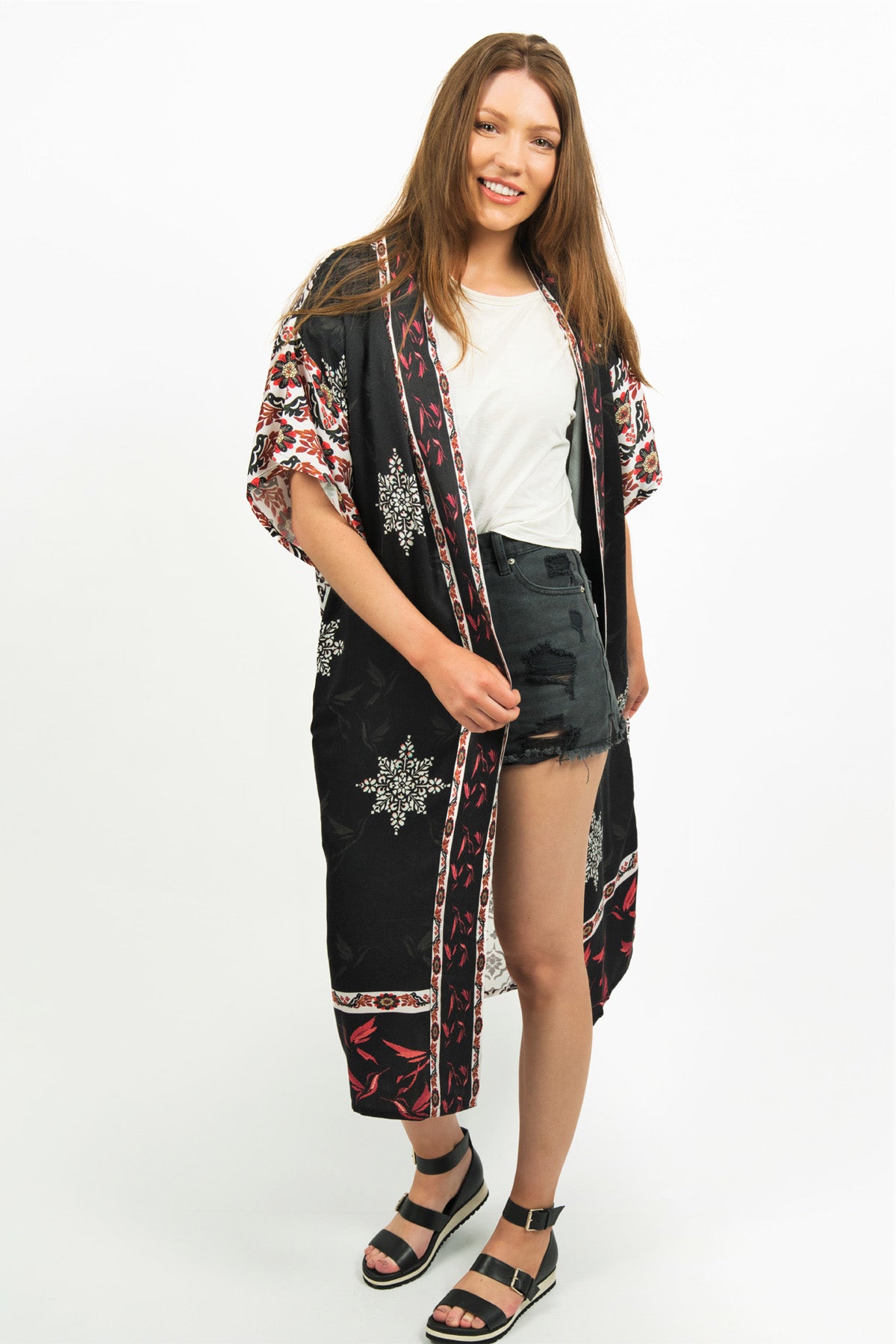 FRONT VIEW ON THE MODEL- JUANA PRINTED MODAL KIMONO - zohaonline