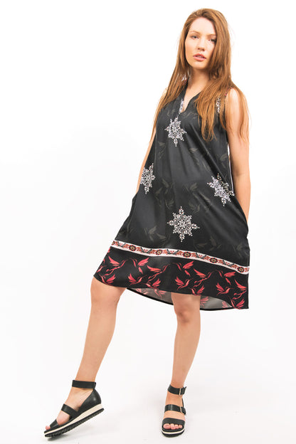 MARIANA EMBROIDERED & PRINTED MODAL DRESS - zohaonline- GLISTENING MODAL SATIN FABRIC VISIBLE IN THIS SIDE VIEW OF THIS DRESS