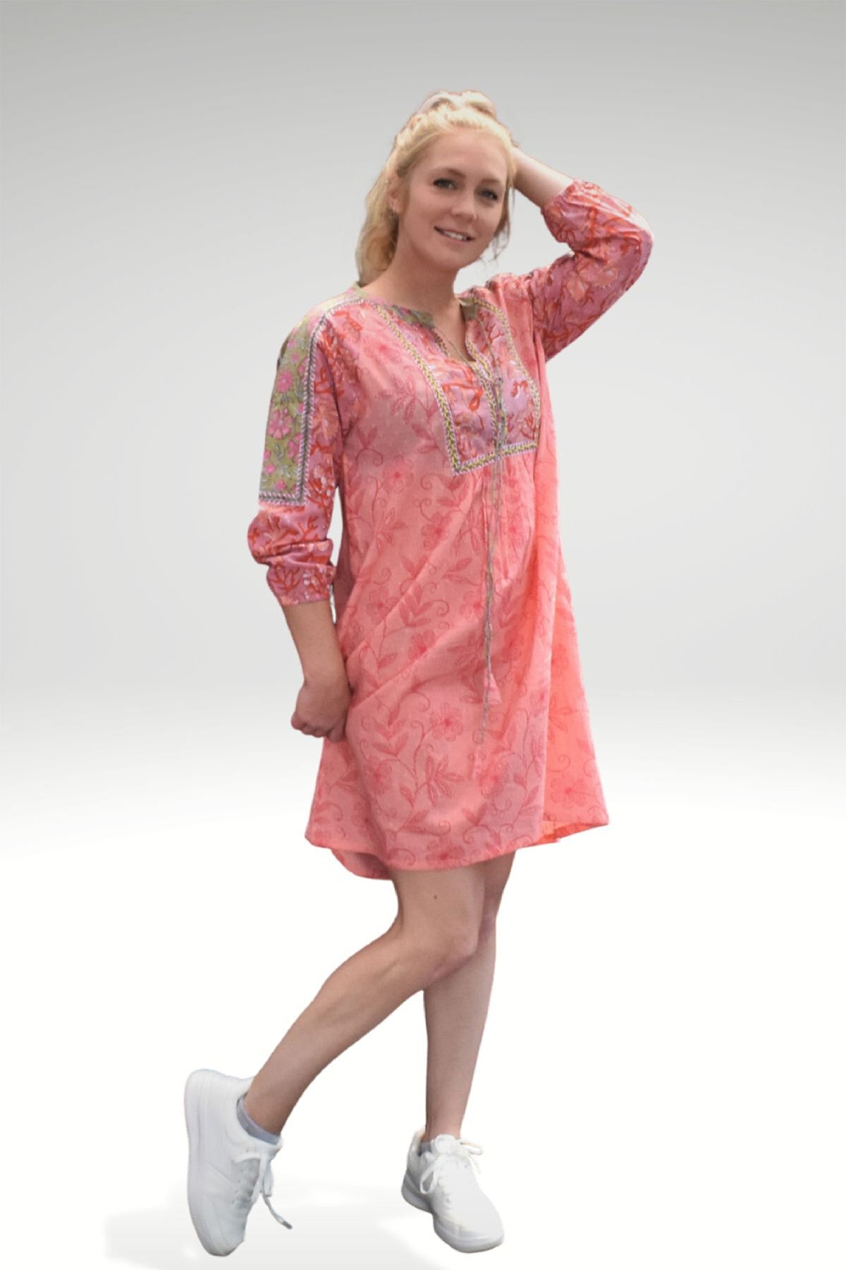 MEADOW FLORAL PATCHWORK DRESS - zohaonline- PEACH FLORAL PINK COLORWAY WORN WITH SNEAKERS