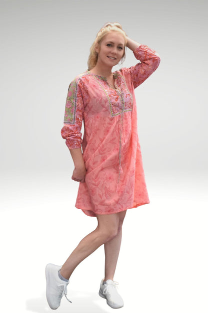 MEADOW FLORAL PATCHWORK DRESS - zohaonline- PEACH FLORAL PINK COLORWAY WORN WITH SNEAKERS