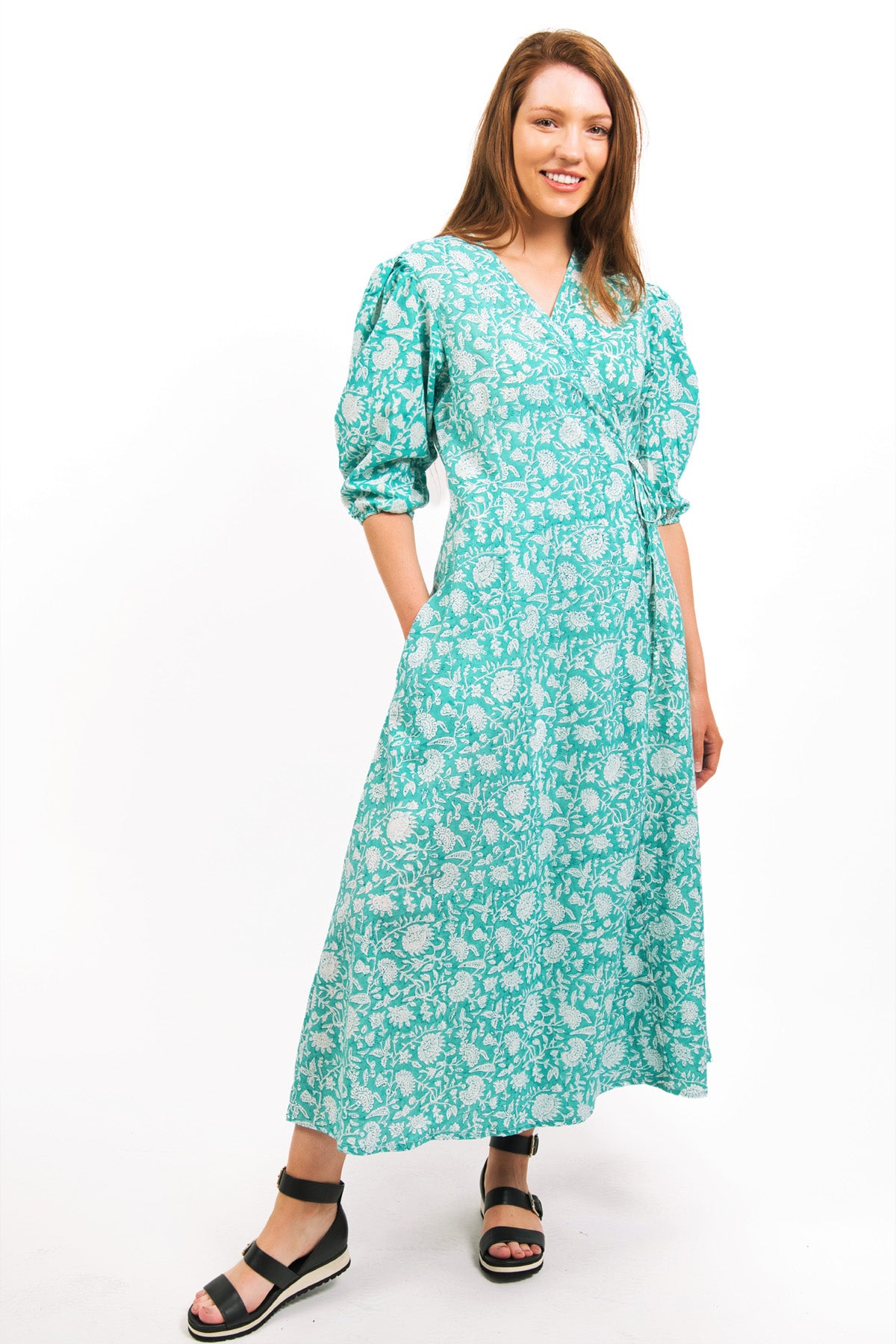 ZEPHYR PRINTED WRAP MAXI DRESS -SEAFOAM COLOUR SUSTAINABLE DRESS- zohaonline