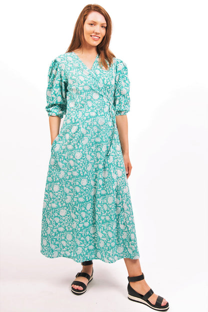 ZEPHYR PRINTED WRAP SEA GREEN MAXI DRESS - zohaonline