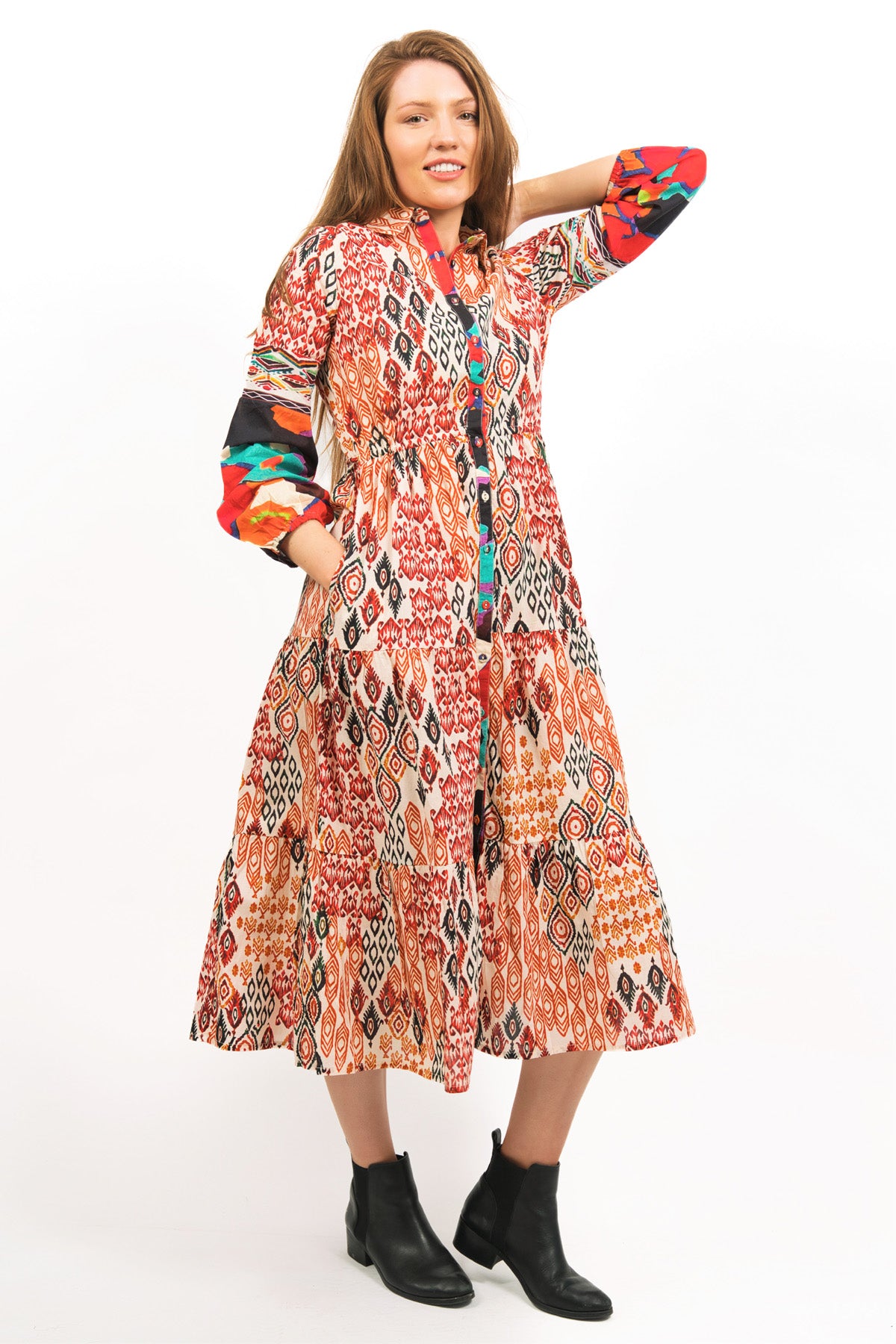 TOZI PRINTED TIERED MAXI DRESS - zohaonline WORN CASUAL STYLE WITH BLACK BOOTS